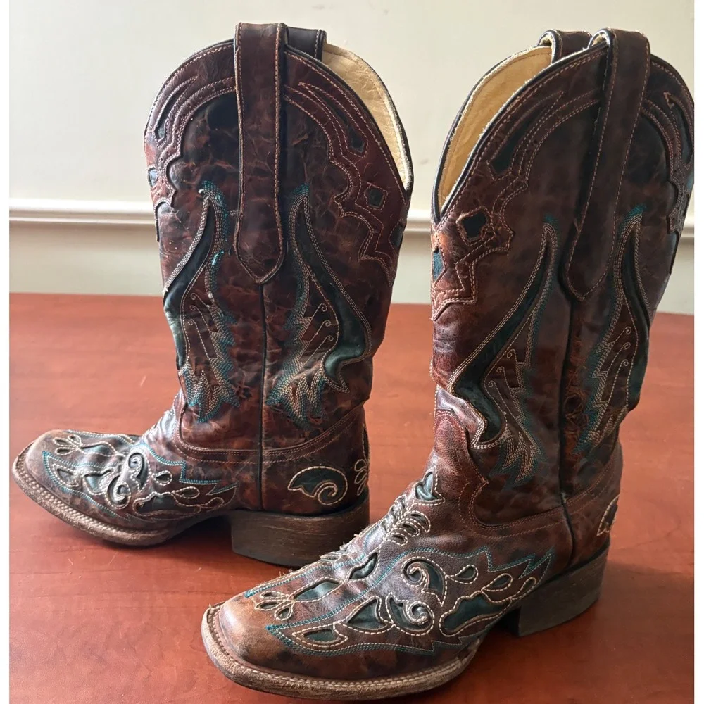 Corral Vintage Brown Teal Embroidered Leather Cowboy Boots Square Toe 6.5M 97303